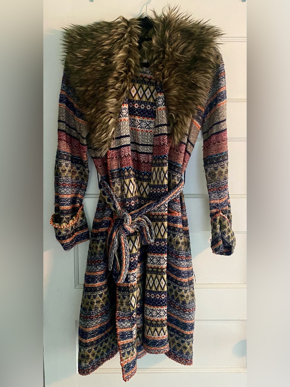 Anthropologie Angel of the North Faux Fur Collar Multi-Color Wrap Cardigan - Picture 2 of 4